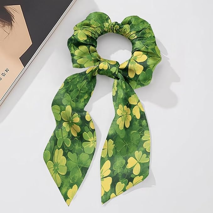 2 Pack St Patricks Green Four Leaf Hair Scarf for Women Ponytail Scrunchies Long Ribbon Scrunchies for Little Gilrs No Damage Knotted Bow
