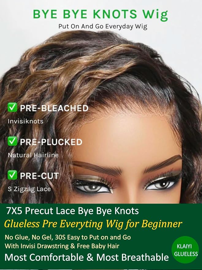 KLAIYI Golden Brown Water Wave Bye Bye Knots Glueless Wig Human Hair Highlight 7x5 Precut Lace Front Pre Plucked Bleached Ombre 3S Ready to Wear Go Beginners Wig with Dark Roots Deep Curly Wave 26Inch