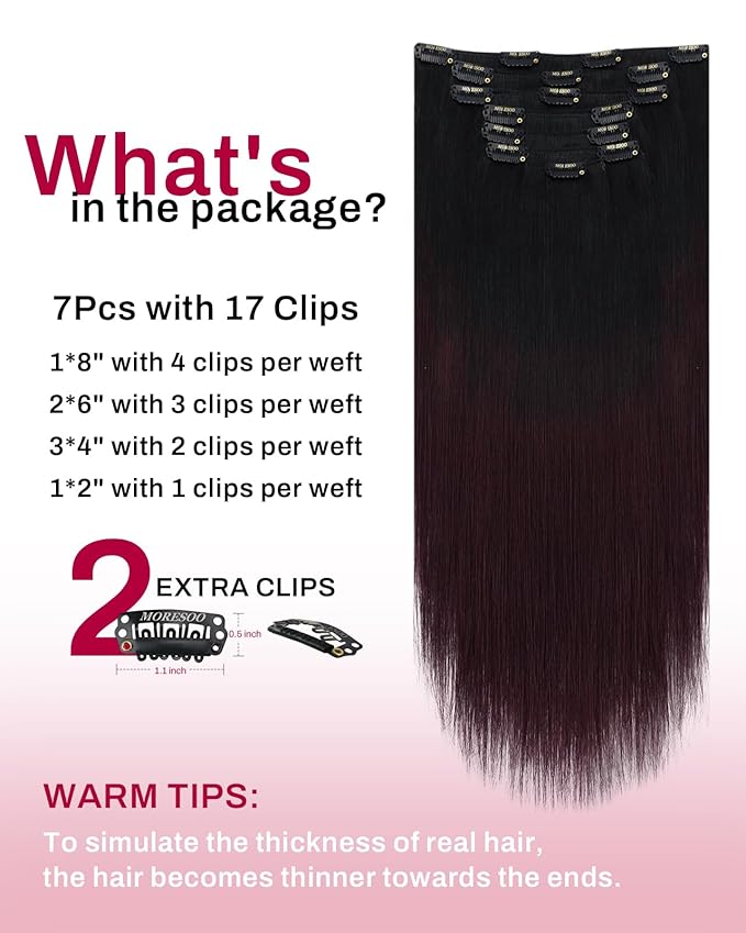 Moresoo Ombre Black to Red Hair Extensions Clip ins Long Natural Black to Burgundy Clip in Hair Extensions Red Double Weft 120g/7pcs 18 inch