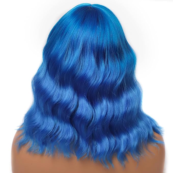 LANICE Blue Wig Short Bob Wigs with Bangs for Women Loose Wavy Hair Shoulder Length Blue Wig Synthetic Colorful Wigs for Cosplay Daily PartyUse(Blue,12inch)