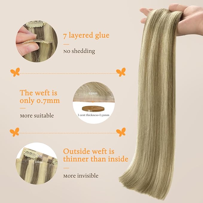 DOORES Clip in Hair Extensions, Light Brown Highlighted Medium Blonde Human Hair Extensions 22 Inch 150g 7pcs, Virgin Hair Extensions Silky Straight Thick Weft