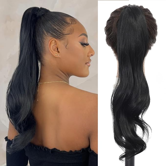 Chicmoi Black Ponytail Extainson 32 Inch Flexible Wrap Around Ponytail Hair Extension Long Wavy Pony Tails hair Extension 1B Natural Black Synthetic Hairpieces For Women and Girls
