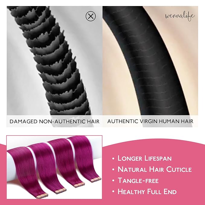WENNALIFE Tape in Hair Extensions Human Hair Violet Tape in Extensions, 10pcs 25g 18 inch Remy Invisible Tape Ins Straight Colored Soft Real Human Hair Tape in Extensions Refill Set Extensions