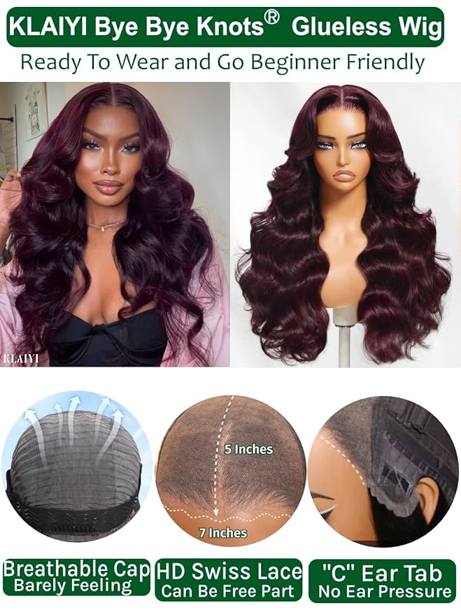 KLAIYI Black Cherry Loose Body Wave Bye Bye Knots Glueless Wig 7x5Precut Lace Front Wigs Human Hair Drawstring Pre Plucked Bleached 30S Ready to Wear and Go Wig with Face Framing Bangs Burgundy 14Inch