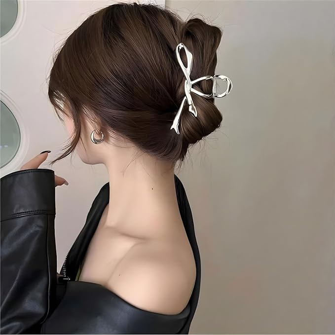 Silver Ribbon Bow Metal Hair Clips, Alloy Elegant Non-Slip Strong Hold Grip Jaw Clip for Thick and Thin Hair