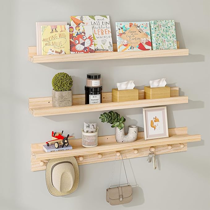 MBYD Wood Wall Shelf With Hooks Floating Shelves for Wall Bathroom Shelves Wall Mounted Nursery Floating Bookshelf for Kids Room Toy Storage Shelf for Bedroom Picture Frames Kitchen (Natural, 36 Inch)