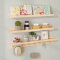 MBYD Wood Wall Shelf With Hooks Floating Shelves for Wall Bathroom Shelves Wall Mounted Nursery Floating Bookshelf for Kids Room Toy Storage Shelf for Bedroom Picture Frames Kitchen (Natural, 36 Inch)