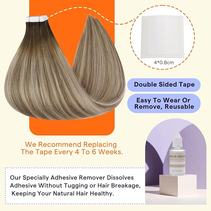 Full Shine Tape in Hair Extensions Human Hair 20 Inch Ombre Color 3 Fading to 6 Brown and 22 Blonde Balayage Straight Remy Human Hair Tape in Extensions 20 Pieces Soft and Silky 50 Grams Add Length