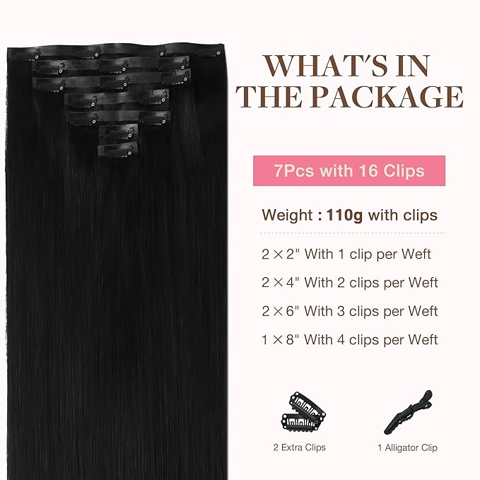 GOO GOO Clip in Hair Extensions Real Human Hair, Remy Human Hair Extensions Clip ins for Women, Natural Human Hair, 24inch 140g 7Pcs, #1 Jet Black