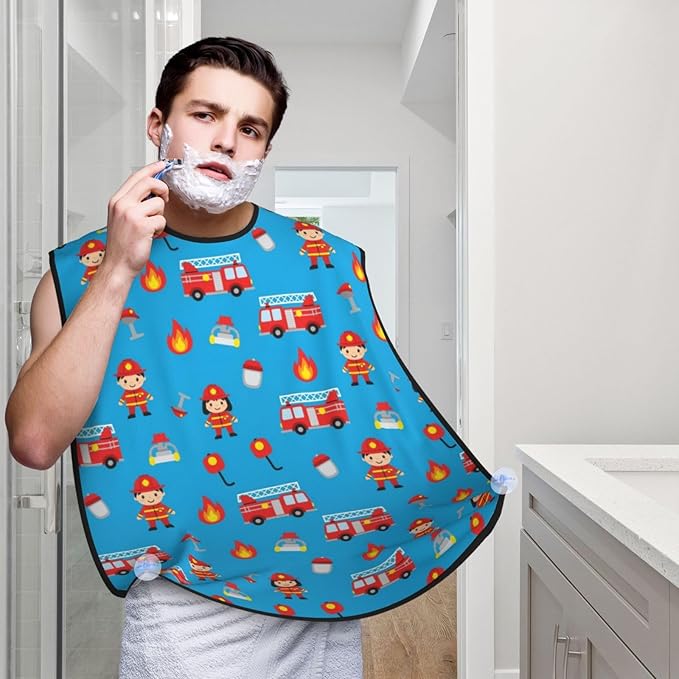 Beard Grooming Cape, Waterproof Hair Catcher for Shaving Trimming, Non-Stick Bib Apron Gifts for Dad Men, Cute Red Fire Truck Blue Shave Bib
