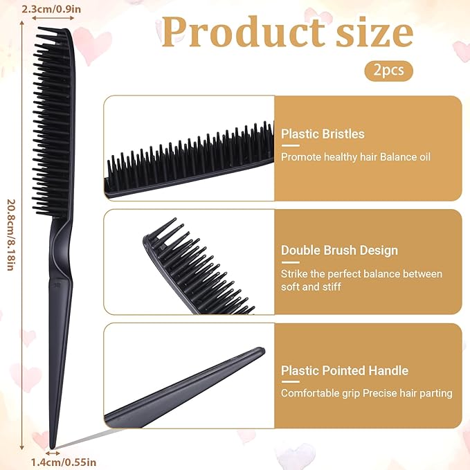 3-Row Rat Tail Styling Comb Set, 8 Inch Detangling Parting Hair Comb Black Rat Tail Styling Combs Flexible Hair Stylings Combs for Detangling, Defining Curls, and Sectioning Hairs (2 PCS)