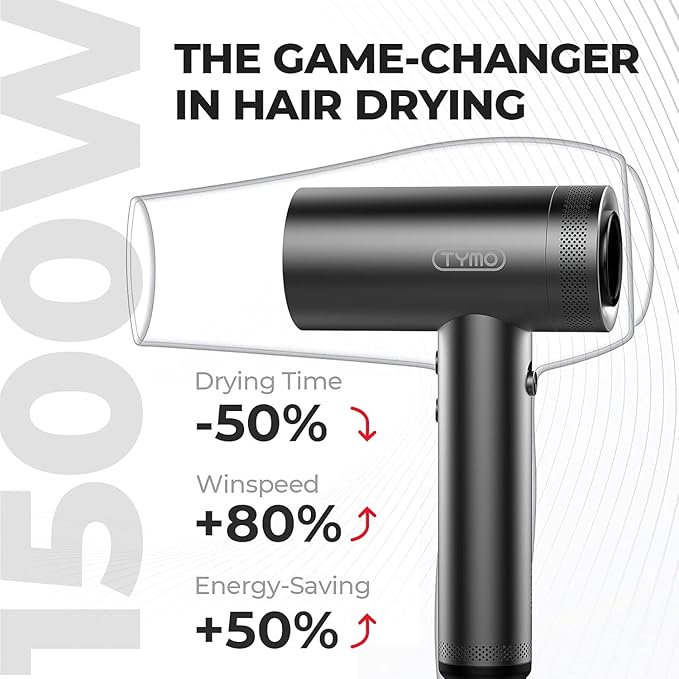 TYMO Hair Dryer with Diffuser for Women - 1500W Professional High Speed Blow Dryer with Comb, 110,000RPM Fast Dry, 200 Million Ionic Hairdryer, 4 Temps & 3 Speeds, 8 Ft Cord for Salon, Graphite