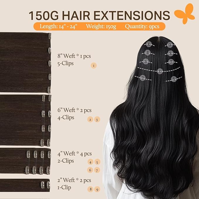 DOORES Hair Extensions Clip in Human Hair, Light Dark Brown 22 Inch 150g 9pcs, Natural Real Extensions Clip in Thick straight Weft
