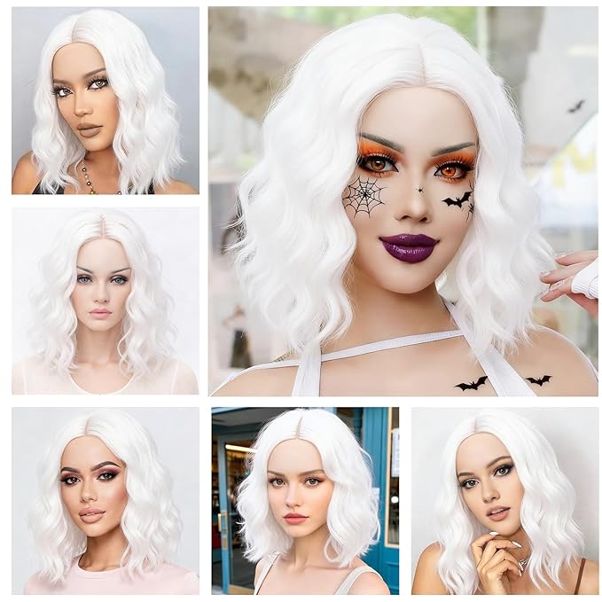 BUFASHION 14" Women Short White Kinky Straight Cosplay Synthetic Wigs With Air Bangs 46 Colors Available (White)