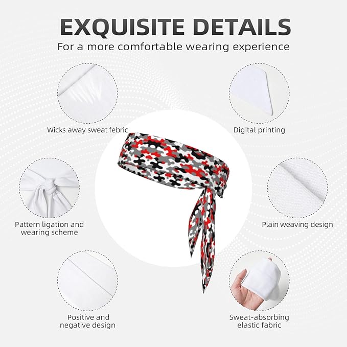 Men's Women Military Red Camo Army Camouflage Sports Sweatband Boho Style Lovely Head Ribbon Headdress for Yoga Athletic Spa