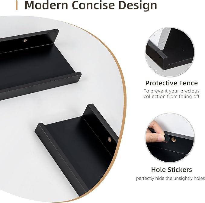 Picture Ledge Shelf, Wood Floating Shelves Set of 2, 36 inch Picture Ledge Shelves, Photo Ledge Nursery Book Shelves Wall Mounted for Living Room Kids' Room Bedroom, Color Black