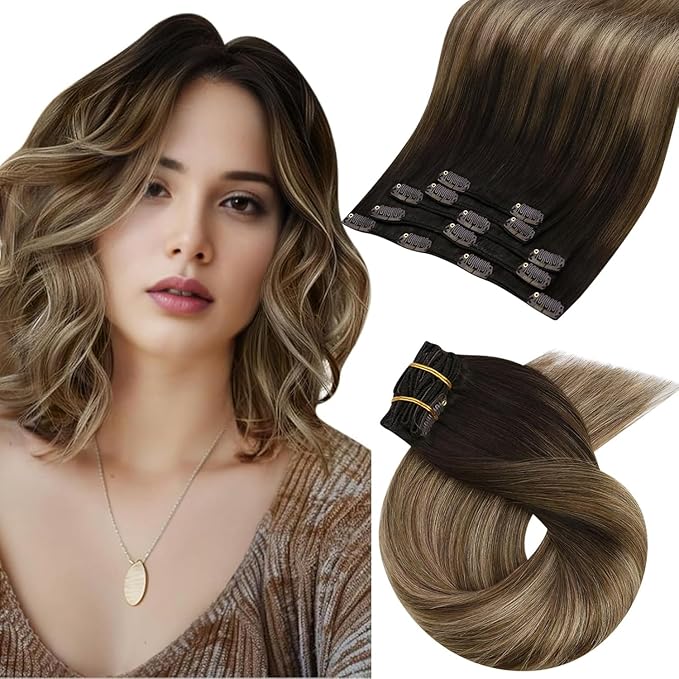 Moresoo Brown to Blonde Clip in Hair Extensions Ombre Human Hair Clip in Extensions Straight Balayage Hair Extensions for Women Ombre Dark to Ash Brown with Dark Blonde for Short 5pcs 80g 10inch