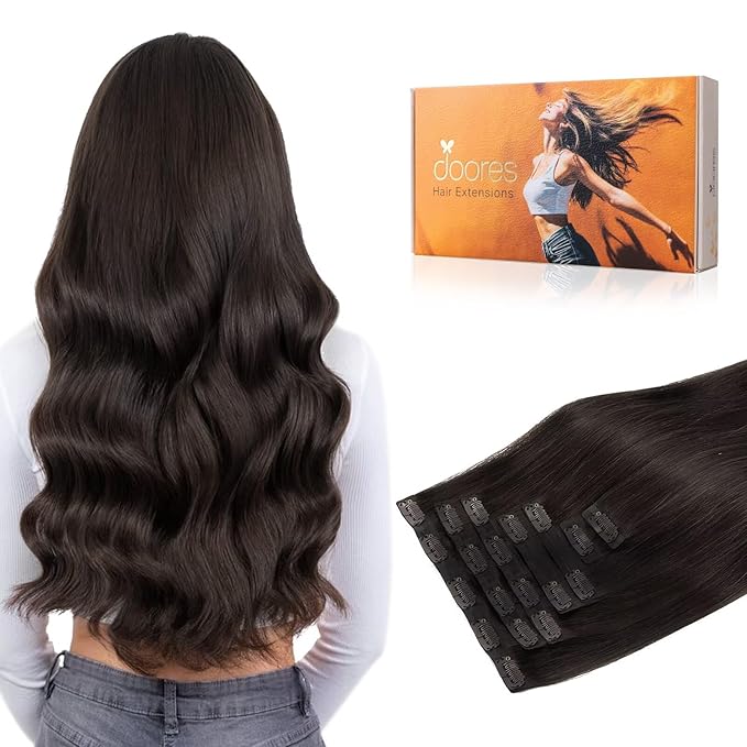 DOORES Clip-in Hair Extensions, Dark Brown 14 Inch 110g 7pcs, Real Human Hair Seamless Clip-ins with PU Weft Invisi Edge, Natural Straight Remy Hair