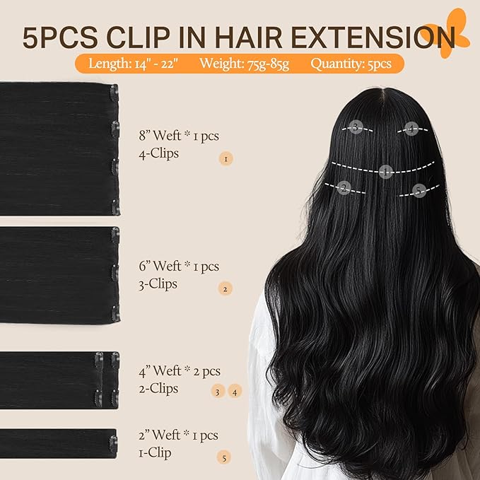 DOORES Human Hair Clip in Extensions - Jet Black, 85g, 5pcs, 22 Inch Remy Straight Natural Hair