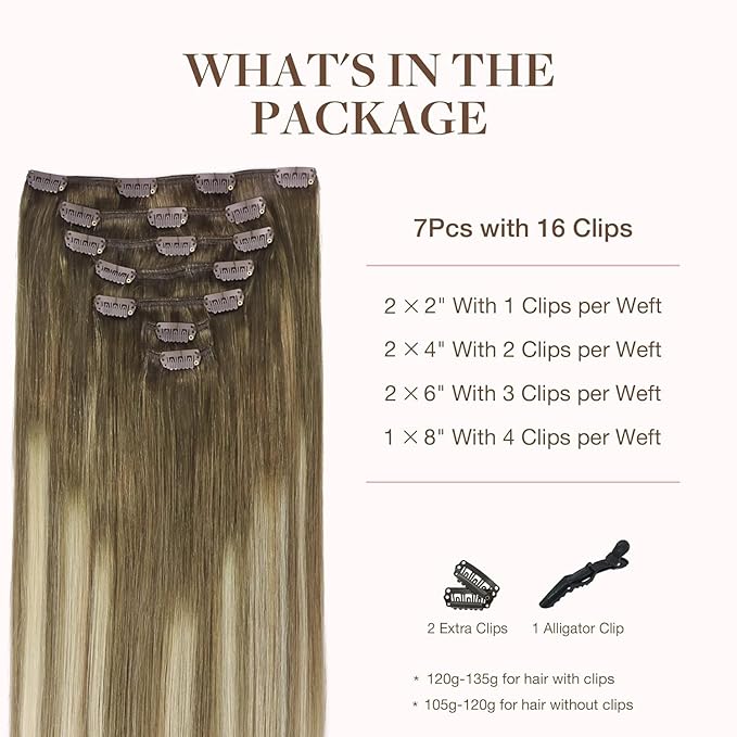 GOO GOO Clip in Hair Extensions Real Human Hair, Remy Human Hair Extensions Clip ins for Women, Natural Human Hair, 18inch 120g 7Pcs, 3/8/613 Balayage Walnut Brown to Ash Brown and Bleach Blonde