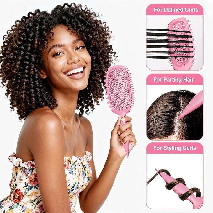 Curl Defining Brush for Thick Coily Hair, Firm-Bristle TPEE Detangling Brush for Coarse 4A–4C Curls, Dual-Sided Wide & Narrow Tooth Brush for Wet & Dry Curl Shaping– Women & Men (2054-Pastel Pink)
