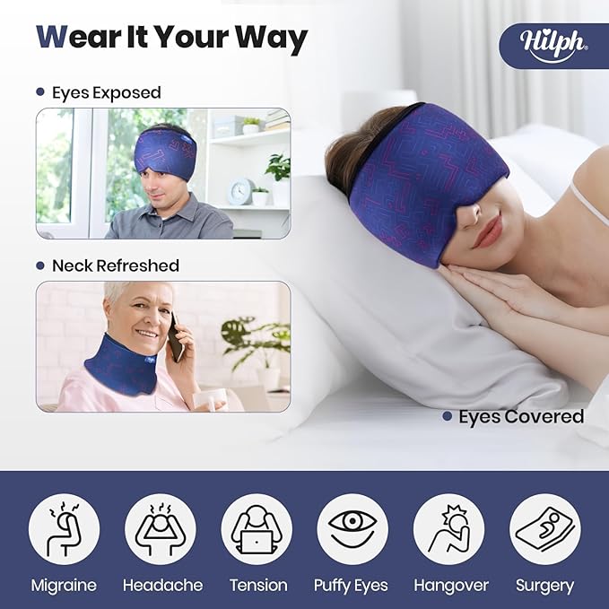 Hilph Adjustable Migraine Relief Cap with Thickened Gel Cold Compress, Headache Relief Cap, Face Cooling Mask Gel Head Wrap for Tension, Stress & Hangover, Soothing Gifts for Women Men Blue