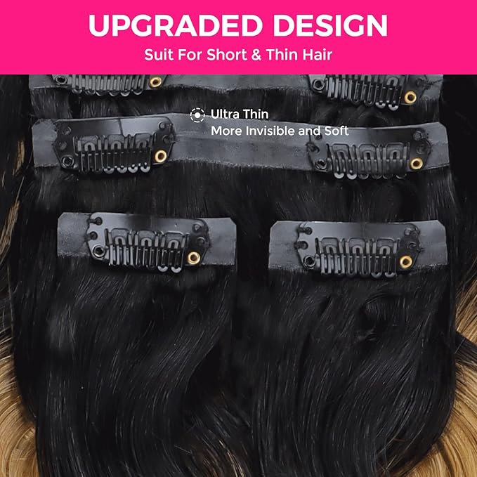 Lashey Seamless Hair Extensions Real Human Hair 110g 7pcs Body Wave 18 Inch Clip in Hair Extensions Human Hair Ombre Natural Black to Honey Blonde Hair Extension with PU Weft Invisi Edge