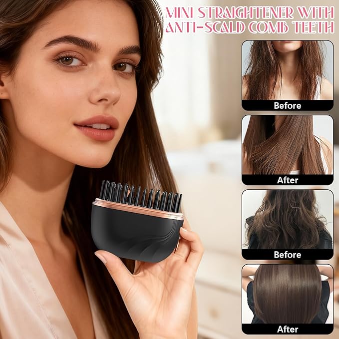 Mini Hair Straightener Brush, Wireless Rechargeable, 3-Speed Temperature Control, Portable for Home and Travel, Black (Black)