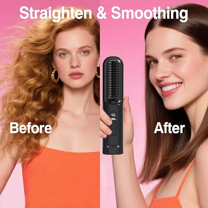 Hair Straightener Brush Cordless, 30s Fast Heating 300Million Negative Ions Hair Straightening Comb Frizz-Free with 6 Temps, 10000mAh Rechargeable Battery Portable for Women Travel Quick Touch-ups