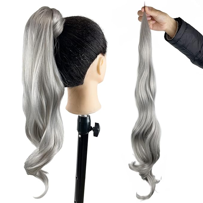 Chicmoi Grey Ponytail Extainson 32 Inch Flexible Wrap Around Ponytail Hair Extension Long Wavy Pony Tails hair Extension Synthetic Hairpieces For Women and Girls