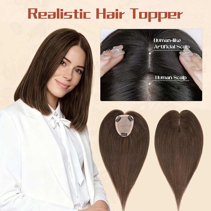 Rich Choices Human Hair Toppers for Women-100% Real Remy Hair Topper No Bang-Upgraded 150% Density 9 * 12CM Lace Base-Clip in Hairs Topper for Thinning Hairs-12Inch #2R Chocolate Brown