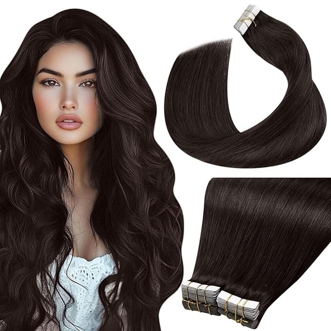 LaaVoo Hair Extensions Tape in Real Hair Tape in Hair Extensions Human Hair Darkest Brown Tape on Extensions Silky Straight Hair 24Inch 40pcs 100g