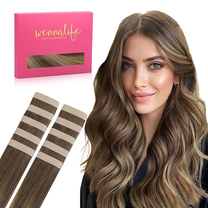 Wennalife Tape in Hair Extensions Human Hair Balayage Chocolate Brown to Caramel Blonde Tape in Extensions, 10pcs 20g 12 inch Remy Invisible Tape Ins Straight Soft Real Human Hair Tape in Extensions