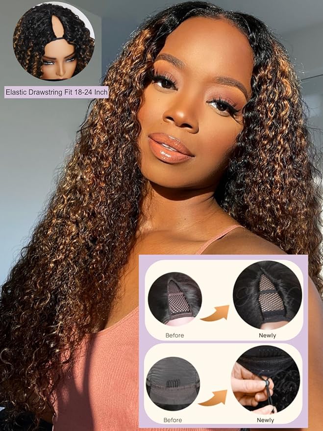 YIROO EasiContour V Part Wigs Ombre Brown Glueless Human Hair Upgrade U Part Wig with Dark Roots Highlight V Shape Clip Wigs Beginner Friendly with Drawstring Ready to Wear Chestnut Brown Color 24Inch