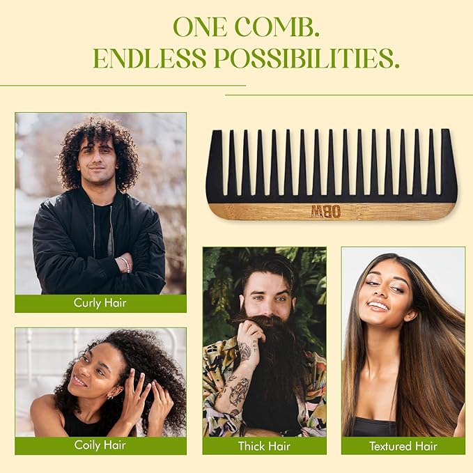 OBW Bamboo Wide Tooth Comb – Detangler for Curly, Thick & Natural Hair – Dimensions: 5.8x2.1 in, 1.1 oz - Lightweight & Durable Bakelite-Infused Comb for Men & Women – Anti-Frizz Hair Tool by ORW