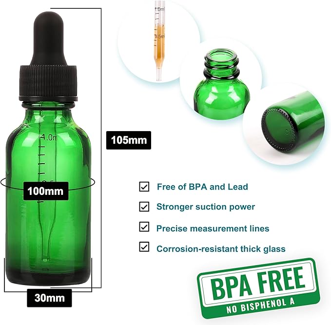24 Pack,1oz Glass Dropper Bottle,Green Tincture Bottles with Dropper,Pretty Finish for All Kinds of Liquids,Oil Bottles for Hair- Stronger Suction ideal for Leakproof Travel