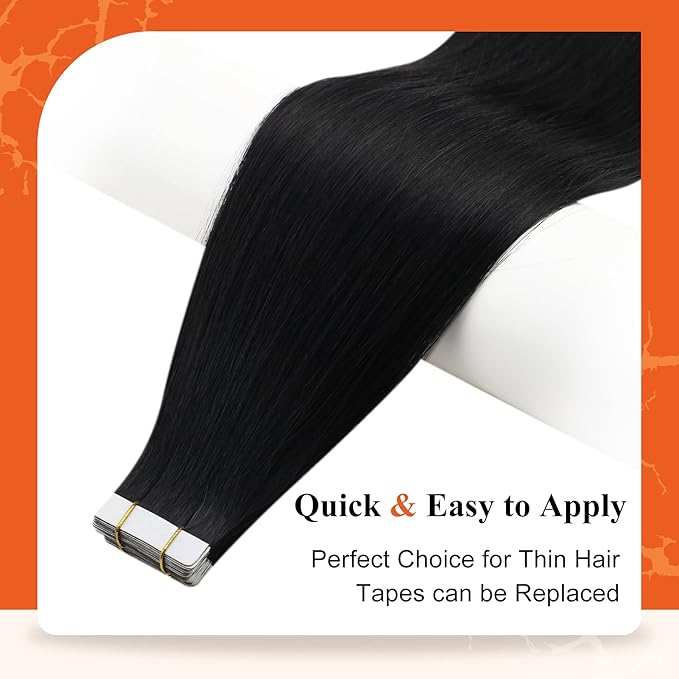 Full Shine Black Hair Extensions Skin Weft Color Jet Black 16 Inch Seamless Soft Natural Tape in Remy Invisible Human Hair Extension for Women 20Pcs 50Grams Brazilian Silky Add Volume