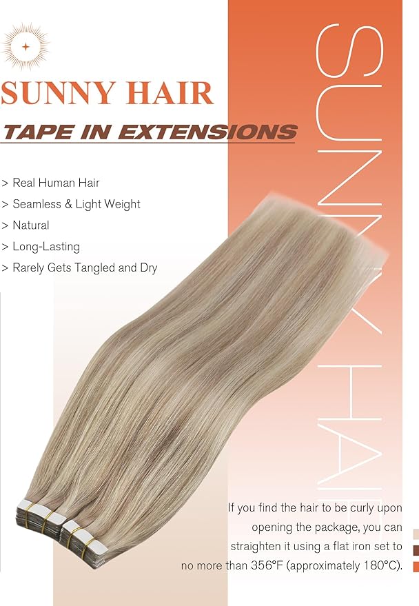 Sunny Hair Tape in Hair Extensions Real Human Hair Invisible Remy Hair Extensions Tape ins for Women Ash Blonde Highlight Bleach Blonde with Pink Hue 12 inch 40pcs 60g