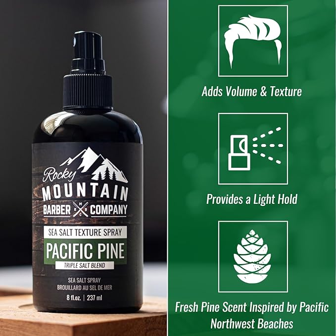 Rocky Mountain Barber Company Sea Salt Spray for Men - Adds Volume, Texture and Light Hold for All Hair Types - Triple Salt Blend - 8 oz