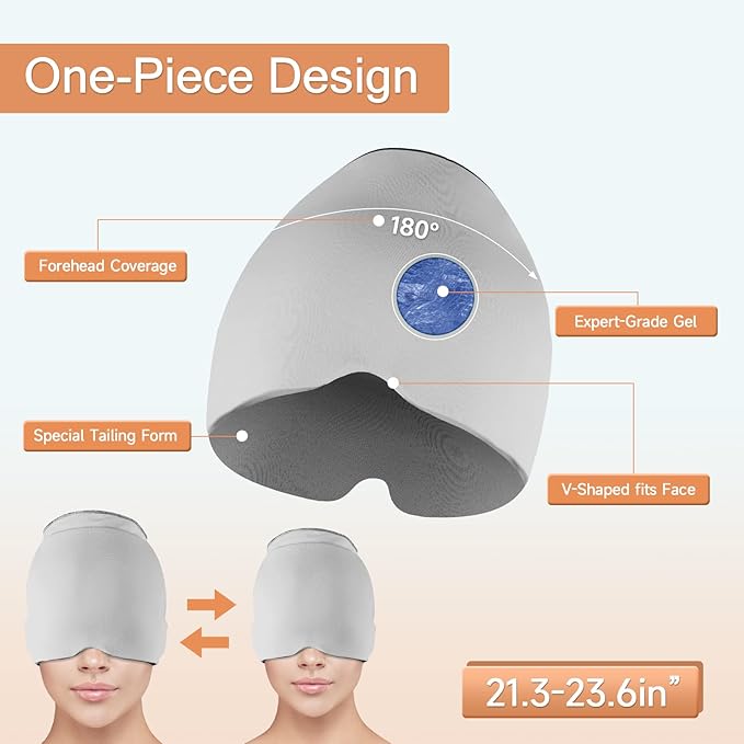 Headache Relief Hat Migraine Ice Head Wrap, Ice Packs for Injuries Reusable Migraine Relief Cap, Wearable Compressed Therapy Headache Relief Hat for Migraines Tension Sinus Fever Stress Relief(Gray)