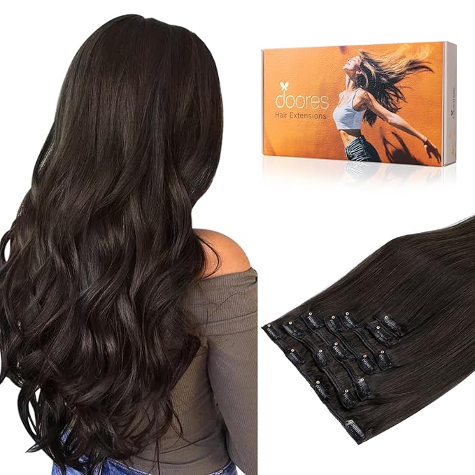 DOORES Clip in Human Hair Extensions Dark Brown 120g 7pcs 16 Inch Straight Real Hair Extensions Clip in Remy Natural Hair Extensions