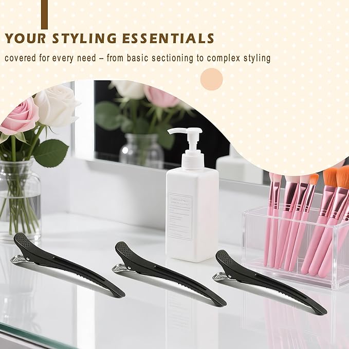 12 PCS Duckbill Hair Clips for Sectioning - 4.3” Professional Non-Slip Hair Clamps with Silicone Band, Gentle No-Mark Hold for Thick Hair, Styling & Coloring, Salon Hairdressing Accessories