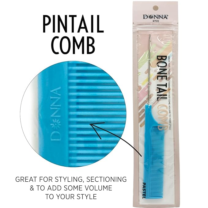 DONNA Bone Tail Comb with Metal Pintail – Precision Styling & Parting Comb for Braids, Weaving & Hair Sectioning Professional Hair Tool (BLUE)