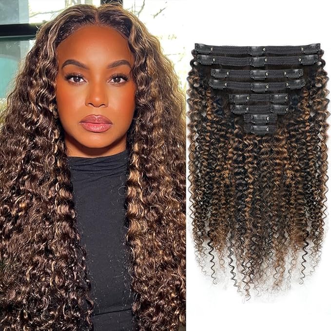 FB30 Highlight Ombre Curly Clip In Extension Human Hair 3C 4A Kinky Curly Clip Ins Full Head for Black Women Brazilian Remy Human Hair Balayage Brown 8Pcs with18clips 120g/Set (22 inch)