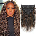 FB30 Highlight Ombre Curly Clip In Extension Human Hair 3C 4A Kinky Curly Clip Ins Full Head for Black Women Brazilian Remy Human Hair Balayage Brown 8Pcs with18clips 120g/Set (22 inch)