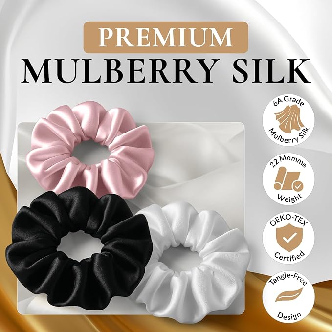 100% Pure 22 Momme Mulberry Silk Scrunchies (Set of 3) | Highest grade (6A) Luxury Hair Ties| (Black,White,Pink) | (Black, Standard)