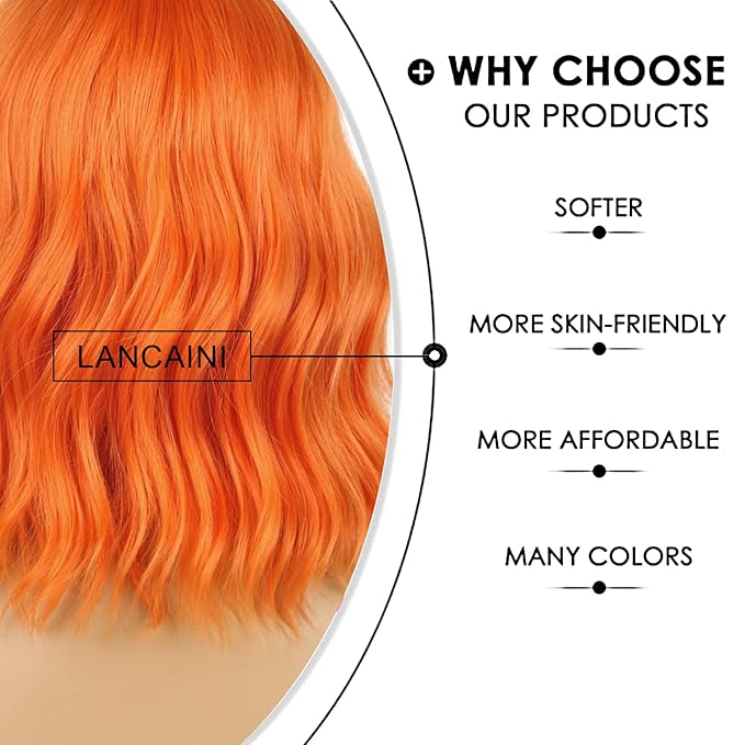 Wavy Wig With Bangs Women's Short Orange Wigs Curly Wavy Bob Synthetic Cosplay Wig for Girls Daily Use Halloween Wigs(12" Orange)