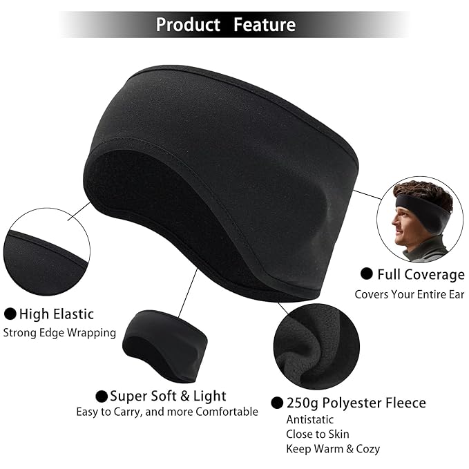 Ear Warmers for Men and Women & Ear Warmers for Cold Weather Headband (Black + Black, One Size)