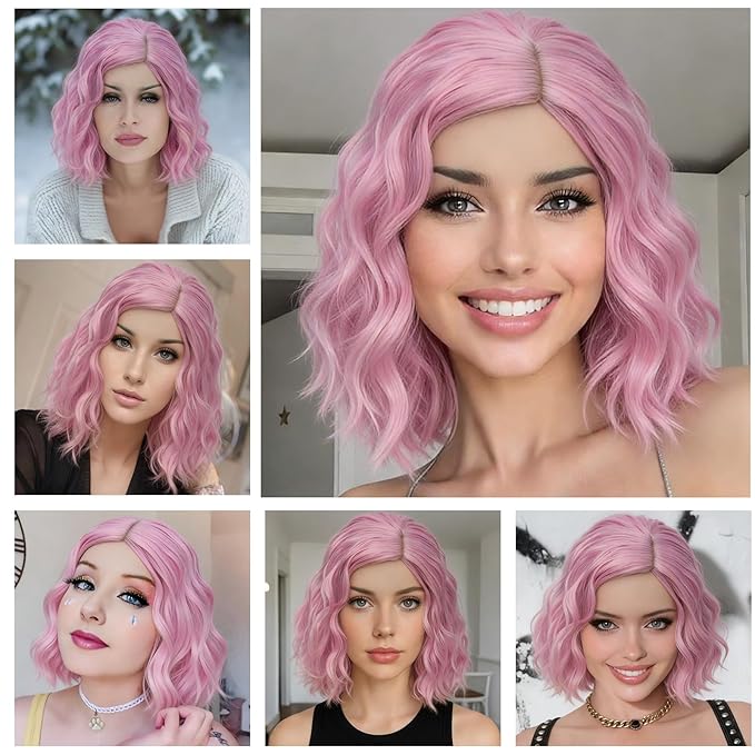 BUFASHION 14" Women Short Light Pink Kinky Straight Cosplay Synthetic Wigs With Air Bangs 46 Colors Available (Light Pink)