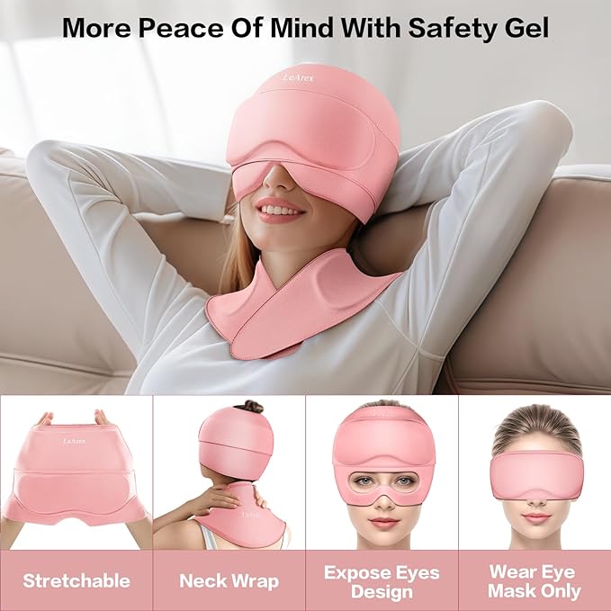 Migraine Relief Cap and Neck Ice Pack Wrap with Ice Eye Masks,3 in 1 Detachable Hot and Cold Therapy Headache Relief Cap for Headaches, Stiff Neck,Eye Fatigue, Tension and Pain Pink